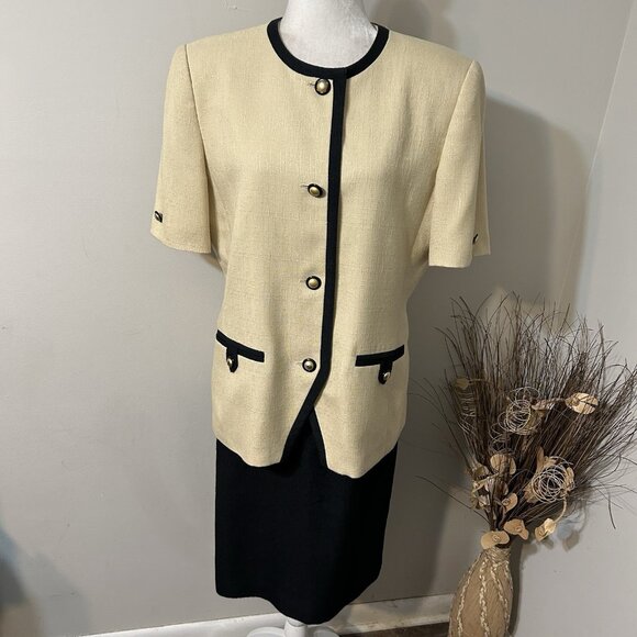 Vtg Kasper For ASL 2pc Skirt Suit Tan Black Short Sleeve Pleated Front Lined 14 - Picture 1 of 9
